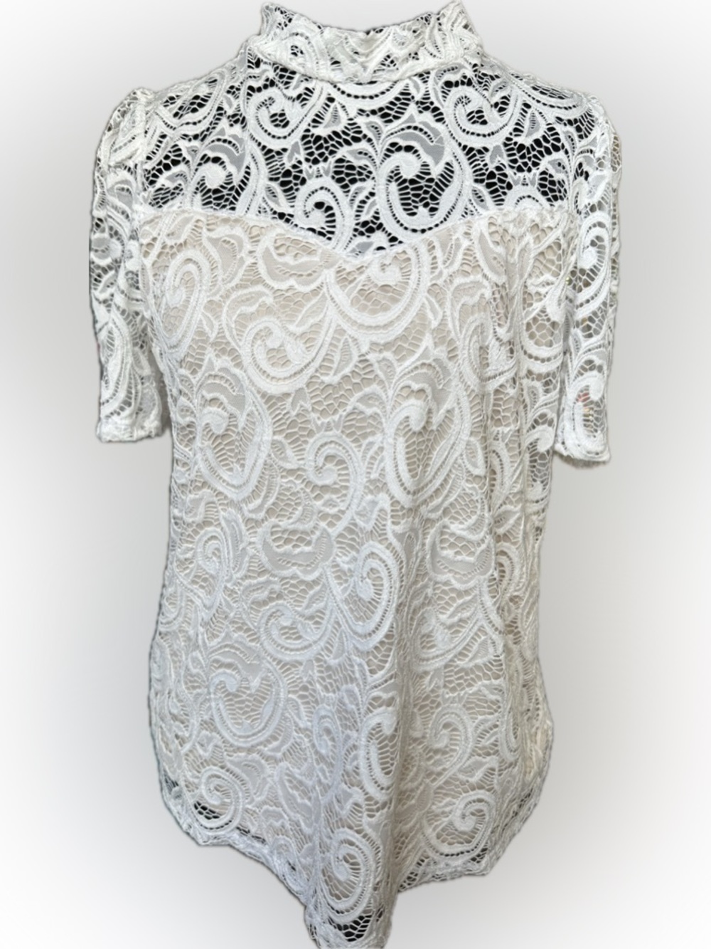 White Lace High-Neck Short Sleeve Blouse